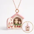 Cute ceramic bakery house necklace with opening door, miniature bear and cake pendant details. - Pink House (Bakery)
