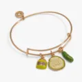 Gold-toned expandable wire bangle bracelet featuring funny pickle, relish jar, and dill charms. - Pickled Cucumber Miniature Food Bracelet