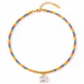 Colorful woven rope choker necklace with gold metal tube and emerald crystal pendant. - Yellow Blue Rope Square Style