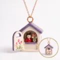 Openable cute little house pendant necklace with ladybug and flowers cartoon ceramic jewelry gift. - Purple House (Flower Shop)