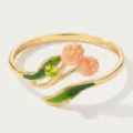 Golden tulip flower ring with green enamel leaves and sparkling gem detail, elegant jewelry. - Open Style / August Flower Rings