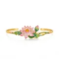 18k gold plated open cuff lotus flower enamel bracelet detail view, elegant floral jewelry. - Lotus