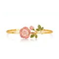 Enamel pink rose flower cuff bracelet detail, 18k gold plated open bangle jewelry feature. - Pink Rose