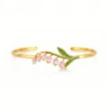Exquisite stainless steel lily of the valley open cuff bracelet with 18k gold plating. - Pink White Lily of the Valley
