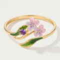 Detailed close-up of the elegant enamel flower ring featuring vibrant purple and pink petals. - Open Style / February Birth Flower Rings