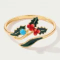 Gold plated ring with green enamel leaves and red berries for women, elegant jewelry detail. - Open Style / December Flower Rings