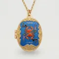 Gold plated oval locket necklace featuring Cancer zodiac sign, enamel and vintage card design. - Cancer