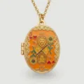Gold plated oval locket necklace with orange enamel Leo zodiac and tarot playing card design. - Leo