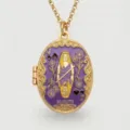 Vintage gold plated oval locket necklace featuring purple enamel poker Jack of Spades motif. - Virgo