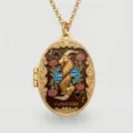 Exquisite gold plated oval locket necklace featuring vintage Capricorn zodiac tarot card enamel design. - Capricorn