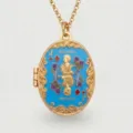 Gold-plated oval locket necklace featuring blue enamel and Aquarius zodiac design detail. - Aquarius