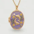 Gold plated oval zodiac locket necklace featuring a purple enamel pisces design detail. - Pisces