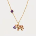 Prachtige vergulde ketting met paarse kristal en schattige geëmailleerde koe-hanger. - Februari Chinese dierenriem os kettingen