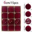 Red flocked Christmas ornaments set 15pcs 6cm velvet ball tree hanging decorations for holiday party - Heteromorphic Flocked Style (6套15植绒) / Assortment of 15 / Burgundy