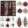 Red gold Christmas tree ornaments set, plastic decorative balls and pendant baubles for holiday. - Leaf Pattern / 40 Pieces Set / Burgundy