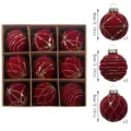 Christmas velvet balls set 8cm red flocked baubles with gold glitter hanging ornaments for tree - 9 Pieces/Pack / Burgundy