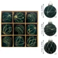 Green flocked Christmas tree balls set with gold glitter design, 8cm ornament pendant. - 9 Pieces/Pack / Dark Green