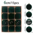 Green velvet Christmas balls set of 15 pieces, 6cm assorted shape tree ornaments decor. - Heteromorphic Flocked Style (6套15植绒) / Assortment of 15 / Dark Green