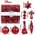 28Pcs Red Christmas Tree Ornaments Balls Shatterproof Plastic Holiday Party Decor Set - Assorted Shapes in Cake Box / 28 Pieces/Pack / Red