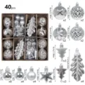 40pcs silver christmas tree ornaments set shatterproof baubles hanging pendants decor - Leaf Pattern / 40 Pieces Set / Silver