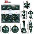 28pcs green plastic Christmas tree ornaments set with balls, snowflakes, and candy shapes. - Assorted Shapes in Cake Box / 28 Pieces/Pack / Dark Green