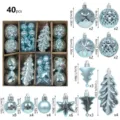 Set de 40 bolas de Navidad azules irrompibles adornos para árbol en varias formas. - Patrón de Hoja / Juego de 40 Piezas / Azul claro