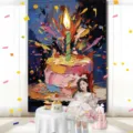 Tapiz de pastel de cumpleaños fondo de pintura al óleo para fiesta infantil decoración - Pastel de Cumpleaños Fondo Negro / 100x150cm