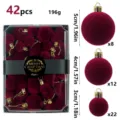 Burgundy flocked velvet Christmas ball set, 42 pieces in assorted sizes for holiday home decor. - 42 Pieces/Pack / Burgundy