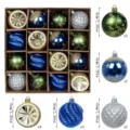 Set aus 16 bruchsicheren Weihnachtskugeln mit bemalten und glitzernden Designs für Tannen. - 16er Pack / Blau Grün Gold