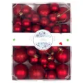Red Christmas baubles set in clear box, assorted matte and glossy hanging ornaments for tree. - Cake Box Style / 42 Pieces / Red
