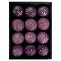 Set of 12 purple Christmas ornaments with intricate silver carved patterns in a black box. - 12 Pieces/Pack / Purple Silver