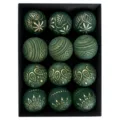 Set of 12 vintage green Christmas baubles with gold embossed patterns for holiday decor. - 12 Pieces/Pack / Green and Gold