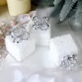 White glitter Christmas foam blocks with silver bow ornaments for holiday tree decor. - White Gift Box / Set of 3