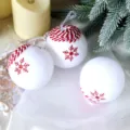 Christmas decorative hanging balls 8cm white flocked foam balls with red snowflake patterns for tree - Red and White Plush Balls / Set of 3
