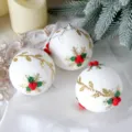 White foam Christmas ball variant with gold glitter vine and red berries for holiday tree decor - Red Flower Gold Leaf Ball / Set of 3