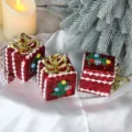 Red glitter Christmas gift box ornaments with gold bows, perfect for holiday tree hanging decor. - Red Gift Box / Set of 3