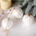 White glitter Christmas tree hanging balls with pearl string and gold trim, 8cm holiday decor. - Pearl Decorated Ball / Set of 3