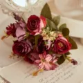 Artificial rose flower bouquet pomegranate silk floral arrangement for home decor table centerpiece - Red