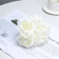 Artificial 5-head white rose flower bouquet, realistic touch fake roses for wedding and home decor - White