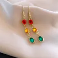Vintage retro colorful oval resin gemstone long drop earrings for women fashion chic jewelry - Earring Hooks / Gold-Multicolor