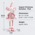Pink sequined Christmas reindeer plush toy doll ornament with dimensions details - Telescopic Reindeer Doll / Pink