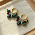 Vintage style gold hoop earrings with multi-color gemstone charms. - Blue Crushed Stone Style (2609068)