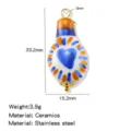 Ceramic light bulb pendant with stainless steel bail, blue heart pattern, 33.2x15.2mm DIY jewelry - Bulb Shape Heart Pattern Style (HP0255G01)