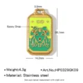 Pendentif carte de tarot rectangulaire en acier inoxydable avec émail vert et motif d'animal. - Lion Infini (HP0329GK09)