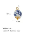 Ciondolo charm in acciaio inossidabile e porcellana bianco-blu in stile cinese per gioielli. - Stile Floreale Ovale (HP0264G04) / Circa 16.1x10.2mm / Blu e Bianco (HP0264G04)