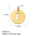 Stainless steel 18K gold letter F round hollow DIY pendant jewelry accessory with size specs. - Hollow Letter F