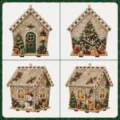 Christmas decorative house ornament set with pearl rhinestone inlay and warm LED glowing windows. - Flocked Snow Style