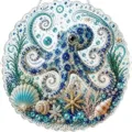 Adorno colgante de pintura de diamante acrílico pulpo azul con conchas y pedrería brillante. - Estilo Y Pulpo (Con Paquete de Material DIY) / 25*25cm