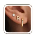 Gouden initiaal letter R oorknop gecombineerd met strass steen en kleine creool stijl. - Letter R Set