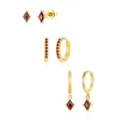 Elegant gold geometric red rhinestone earring set featuring stud, hoop, and drop styles. - Red Square Rhinestone Geometric Style (Style 12)